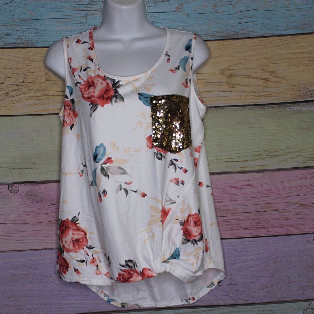 Women's Floral Tank Top Sequin Pocket Small